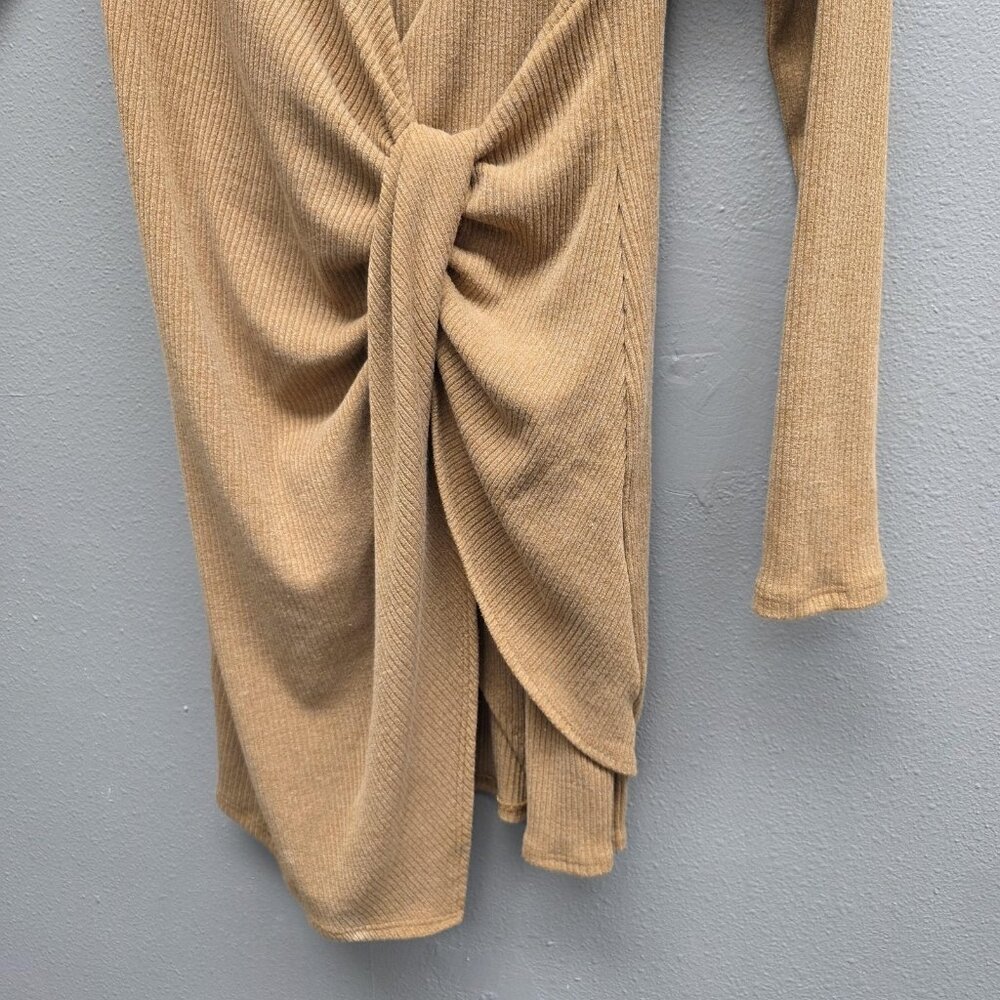 Vici Tyche Dress Womens Large Camel Tie Front Ribbed Knit Long Sleeve Made USA - Picture 3 of 9